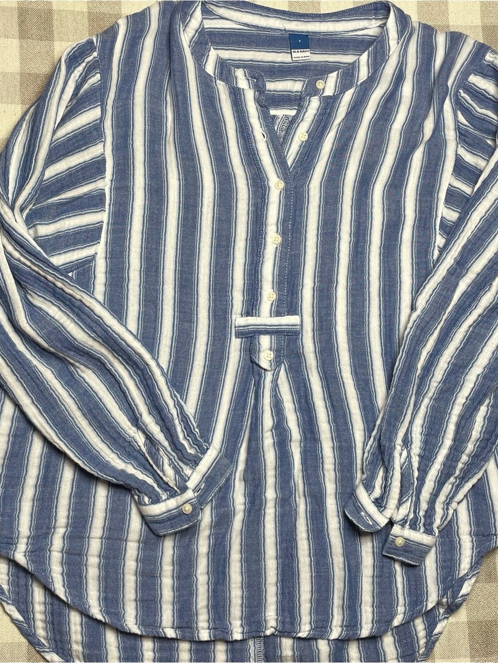 Old Navy Blue and White Striped Button-Front Henley